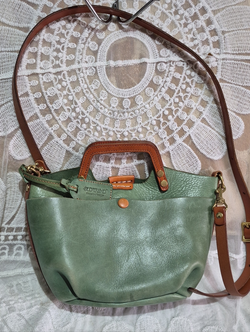 Green Leather Crossbody Bag with Brown Trim - Cute Everyday Carry
